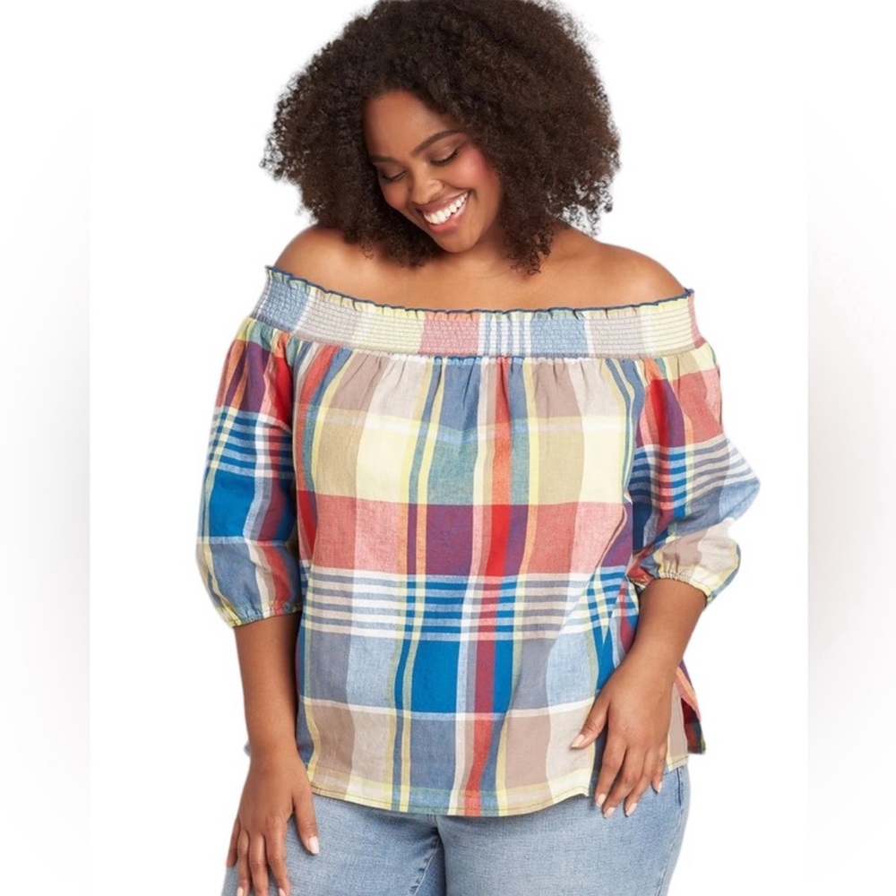 Lane Bryant Plaid Off the Shoulder Top Blouse Womens Plus Size 22/24